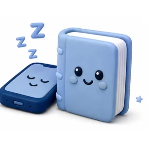 Celular com carinha de sono ao lado de um livrinho com carinha feliz