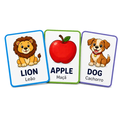 Flashcards bilíngues com desenhos e as palavras em inglês e português